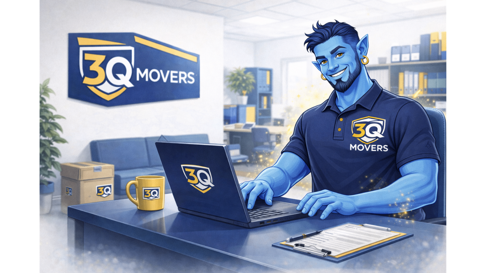 3Q Movers Truck with Boxes and Mascot